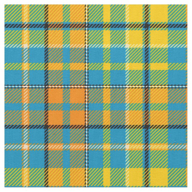 Blue Yellow Orange Plaid Tartan Design  Fabric (Close Up)