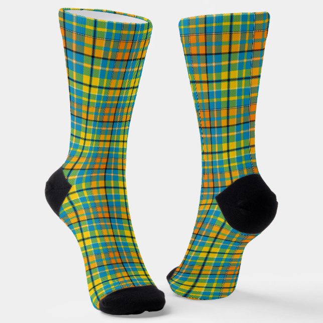Blue Yellow Orange Plaid Tartan Design  Socks (Angled)