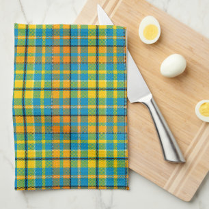 Blue Yellow Orange Plaid Tartan Design  Tea Towel