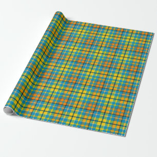 Blue Yellow Orange Plaid Tartan Design  Wrapping Paper