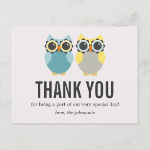 Blue & Yellow Owl Design Wedding Thank You Cards