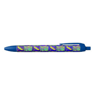 Blue/yellow paisley and dragonfly check blue ink pen