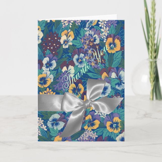 Blue & Yellow Pansies Silver Bow Thank You Card (Front)