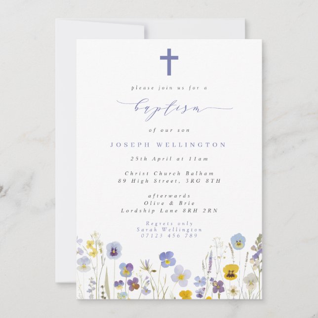 Blue & Yellow Pansies Wildflowers Baptism Invitation (Front)