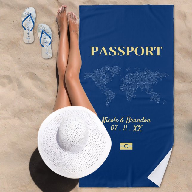 Blue & Yellow Passport Destination Wedding Beach Towel (Creator Uploaded)