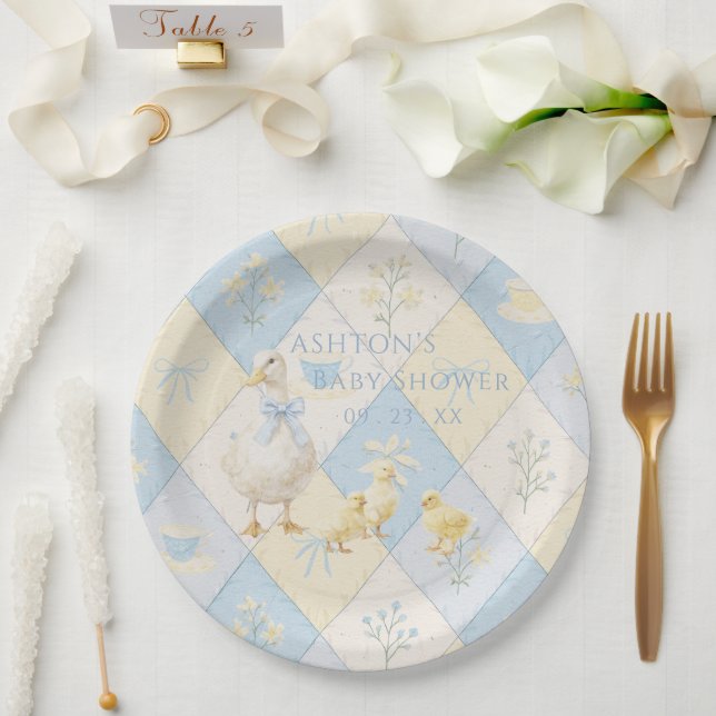Blue & Yellow Patchwork Duck Chicks Baby Shower Paper Plate (Wedding)
