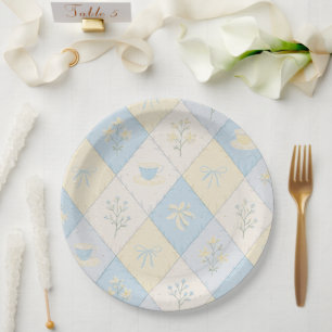 Blue & Yellow Patchwork Pattern Cute Baby Shower Paper Plate