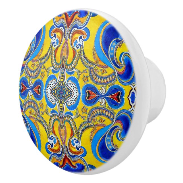 Blue yellow pattern artsy bold  ceramic knob (Right)
