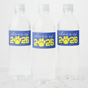 Blue & Yellow Paw Print Graduation Water Bottle Label