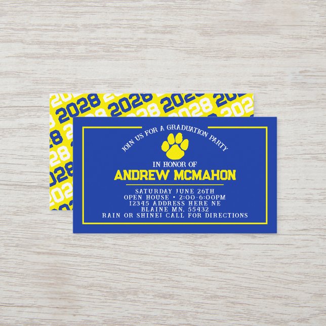 Blue & Yellow Pawprint Mini Graduation Invites (Blue & Yellow Mini Graduation Invites for Friends, Team Mates or as Inserts!)