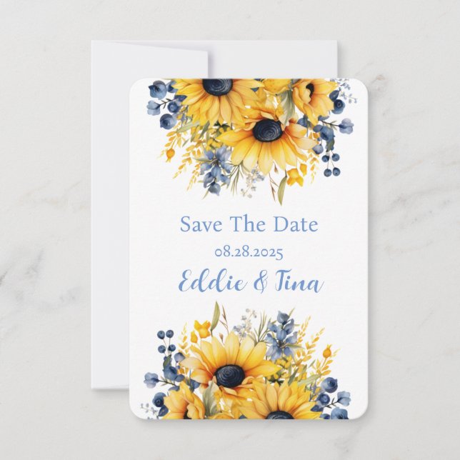 Blue Yellow Peony Bouquet Wedding Save The Date (Front)