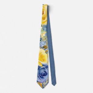 Blue Yellow Peony Watercolor Floral Wedding Groom Tie