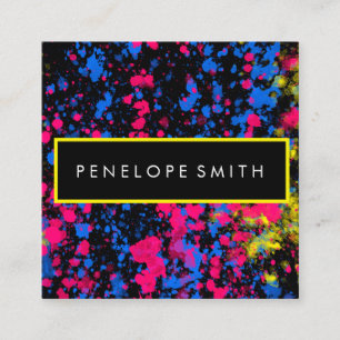 Blue Yellow Pink Black Paint Splatter Square Business Card