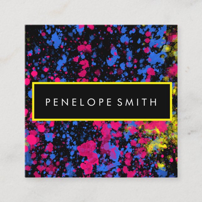 Blue Yellow Pink Black Paint Splatter  Square Business Card (Front)