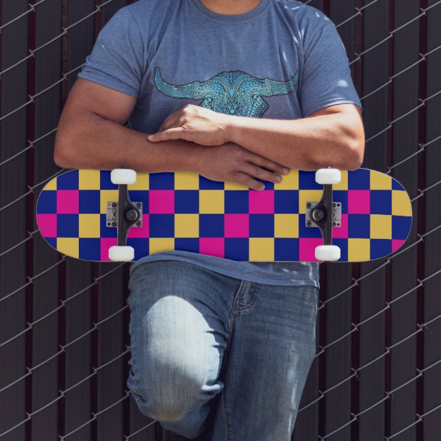 Blue Yellow Pink Checkered Pattern Design  Skateboard (Outdoor 3)