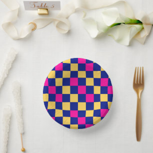 Blue Yellow Pink Chequered Pattern Design  Paper Plate