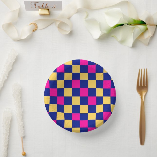 Blue Yellow Pink Chequered Pattern Design  Paper Plate (Wedding)