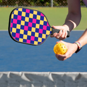 Blue Yellow Pink Chequered Pattern Design Pickleball Paddle