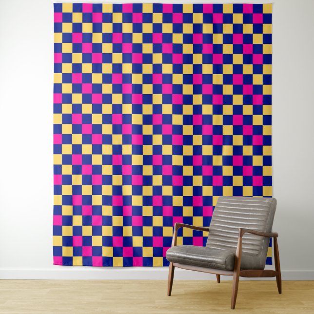 Blue Yellow Pink Chequered Pattern Design  Tapestry (In Situ)
