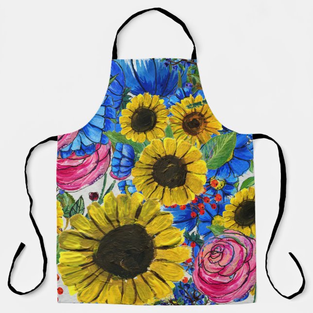 Blue Yellow Pink Floral Seamless Apron (Front)