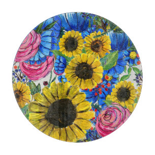 Blue Yellow Pink Floral Seamless Cutting Board