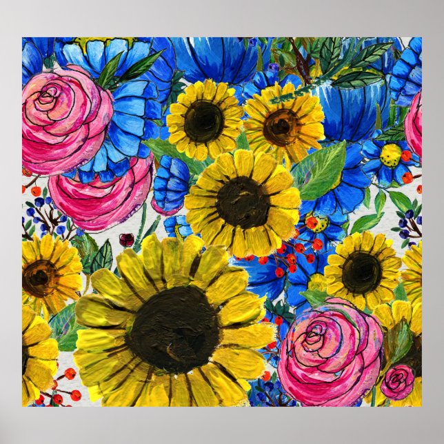 Blue Yellow Pink Floral Seamless Poster (Front)
