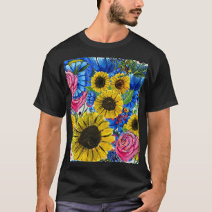 Blue Yellow Pink Floral Seamless T-Shirt