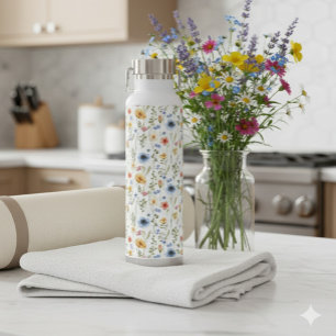 Blue Yellow Pink Floral Wildflower Desk Mat Water Bottle