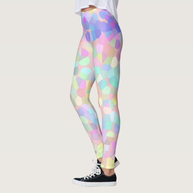 Blue Yellow Pink Green Pastel Mosaic Abstract Leggings (Left)