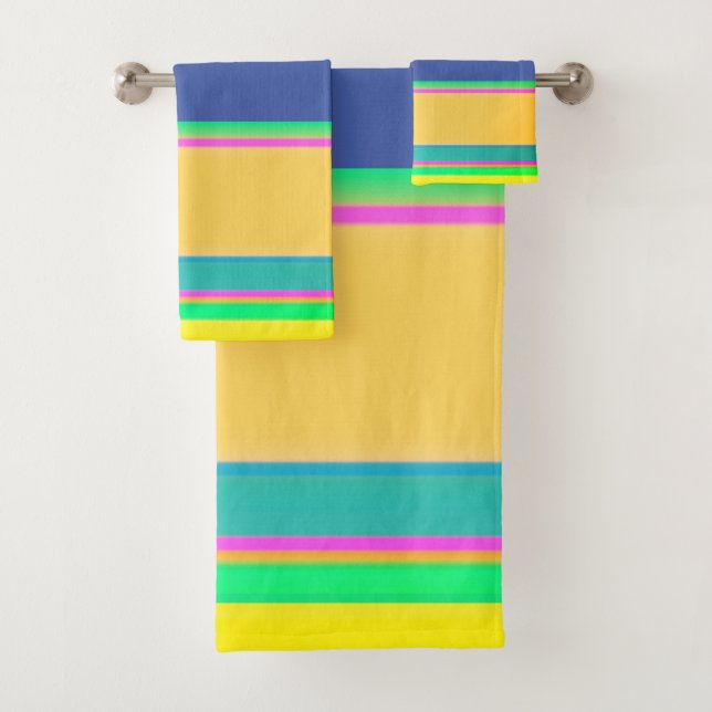 Blue Yellow Pink Orange Horizontal Stripes  Modern Bath Towel Set (Insitu)