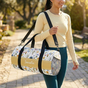 Blue Yellow Pink Watercolor Wildflower Monogram Duffle Bag