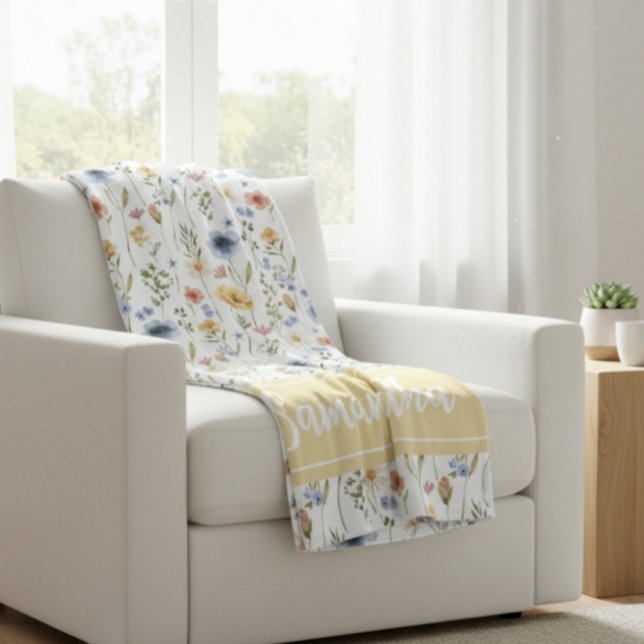 Blue Yellow Pink Watercolor Wildflower Name Fleece Blanket (Creator Uploaded)