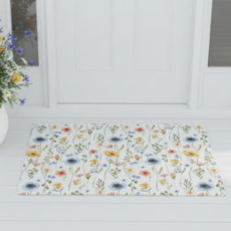 Blue Yellow Pink Wildflower Watercolor Boho  Doormat