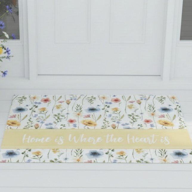 Blue Yellow Pink Wildflower Watercolor Saying  Doormat (Creator Uploaded)