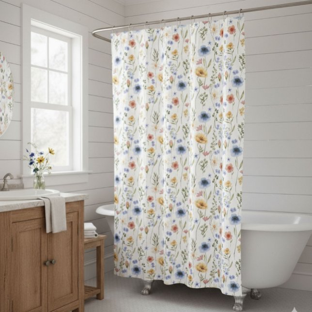 Blue Yellow Pink Wildflower Watercolor Shower Curtain (Creator Uploaded)