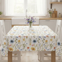 Blue Yellow Pink Wildflower Watercolor Tablecloth