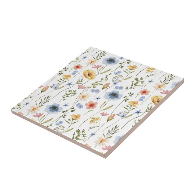 Blue Yellow Pink Wildflower Watercolor Tile (Side)