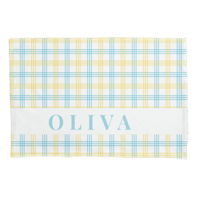 Blue Yellow Plaid Custom Name Pillowcase (Front)
