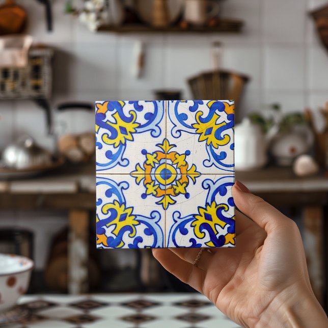 Blue Yellow Portuguese Mosaic Azulejo Art Tile (Blue Yellow Portuguese Mosaic Azulejo Art Ceramic Tile)