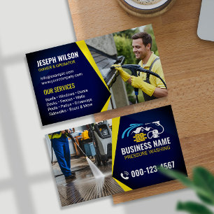 Blue Yellow Power Wash Cleaning Photo Business Card