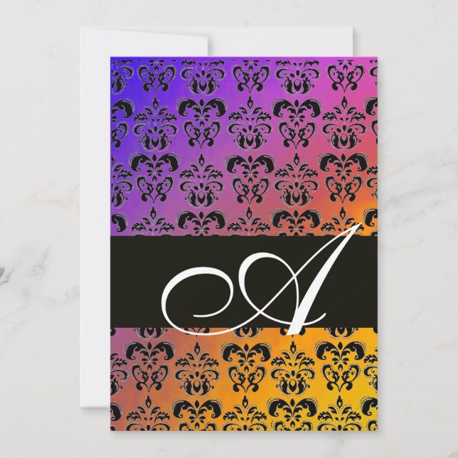 BLUE YELLOW PURPLE BLACK  DAMASK MONOGRAM ,white Invitation (Front)