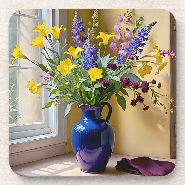 Blue Yellow Purple Blooms Art Coaster (Front)