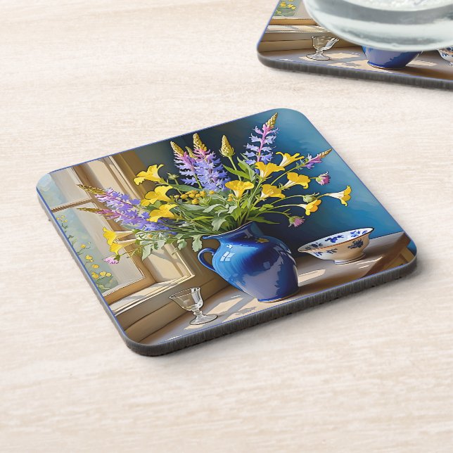 Blue Yellow Purple Bouquet Art Coaster (Left Side)
