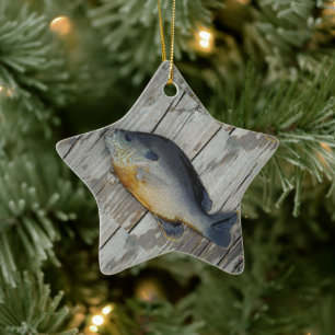 blue yellow purple teal, Bluegill fish on dock Ceramic Tree Decoration