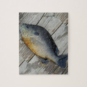 blue yellow purple teal, Bluegill fish on dock Jigsaw Puzzle