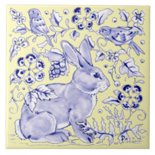 Blue Yellow Rabbit Bird Woodland Floral Pretty Tile