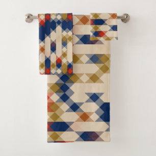 blue yellow red and beige geometric bath towel set