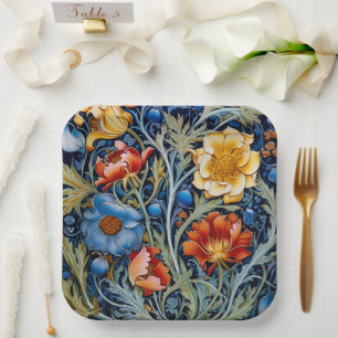 Blue Yellow Red Flowers William Morris Style  Paper Plate