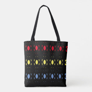 Blue, Yellow & Red Oval Pattern on Black Tote Bag