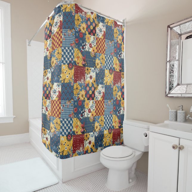 Blue Yellow Red Patchwork Quilt Floral Retro  Shower Curtain (In Situ)